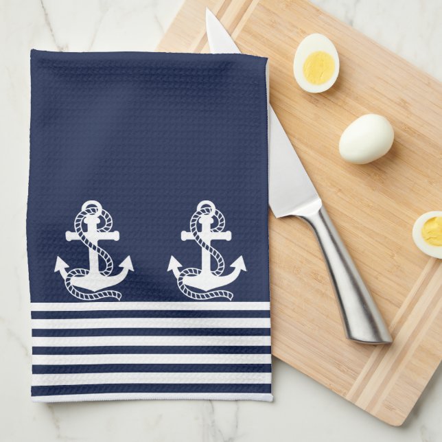 Linge De Cuisine Bleu blanc de la marine et Ancre blanche (Quart Plié)