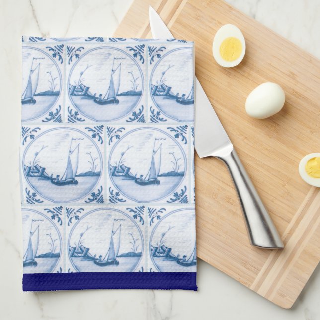 Linge De Cuisine Bleu Blanc Delft Motif Bleu Bordure (Quart Plié)