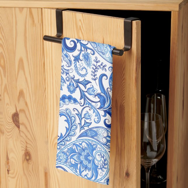 Linge De Cuisine Bleu Bleu Blanc Floral Paisley Art Motif (Pliage en tiers)