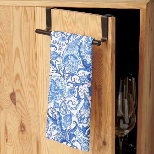 Linge De Cuisine Bleu Bleu Blanc Floral Paisley Art Motif (Pliage en tiers)