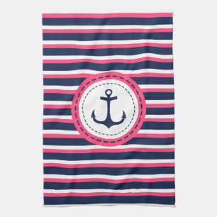 Linge De Cuisine Bleu bleu marine Hot rose rayures Ancre