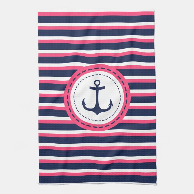 Linge De Cuisine Bleu bleu marine Hot rose rayures Ancre (Vertical)