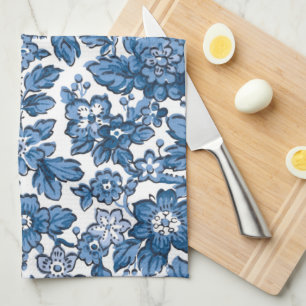 Linge De Cuisine Bleu Boho et flore blanche