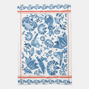 Linge De Cuisine Bleu, Corail Lapin Bird Folk Pays Floral