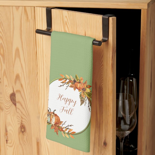 Linge De Cuisine Bleu d'automne et citrouille avec texte personnali (Pliage en tiers)