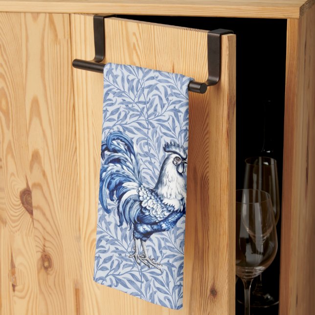 Linge De Cuisine Bleu Delft Et Poulet Blanc Rooster (Pliage en tiers)