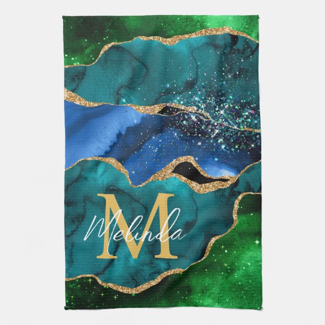 Linge De Cuisine Bleu et vert Peacock Faux Parties scintillant Agat (Vertical)