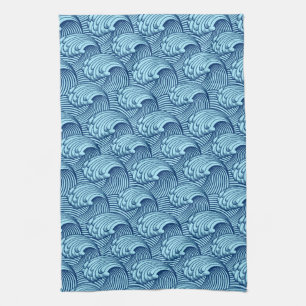 Linge De Cuisine Bleu japonais vintage de vagues, de marine et de