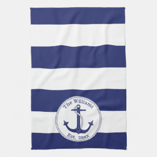 Linge De Cuisine Bleu marine et blanc nautique barrés