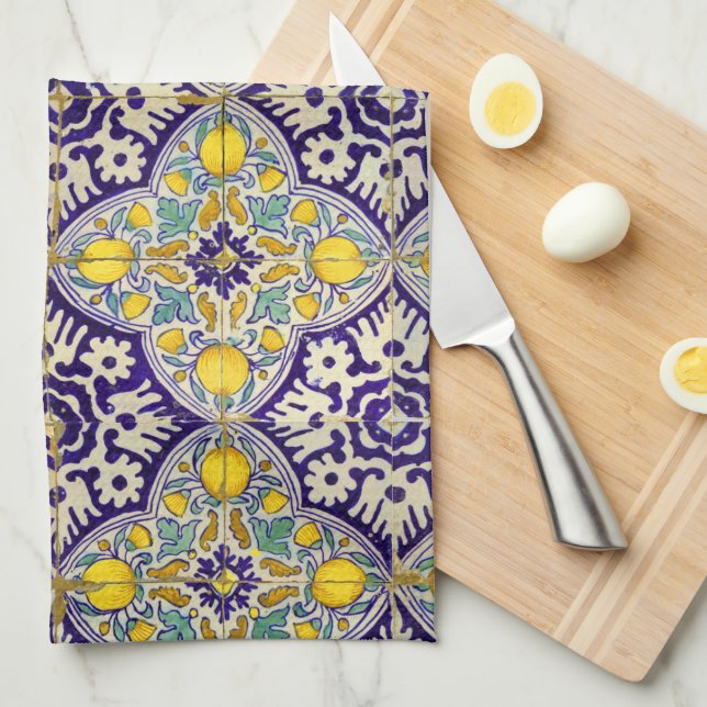 Linge De Cuisine Bleu Méditerranée Motif Fleurs Jaunes (Quart Plié)