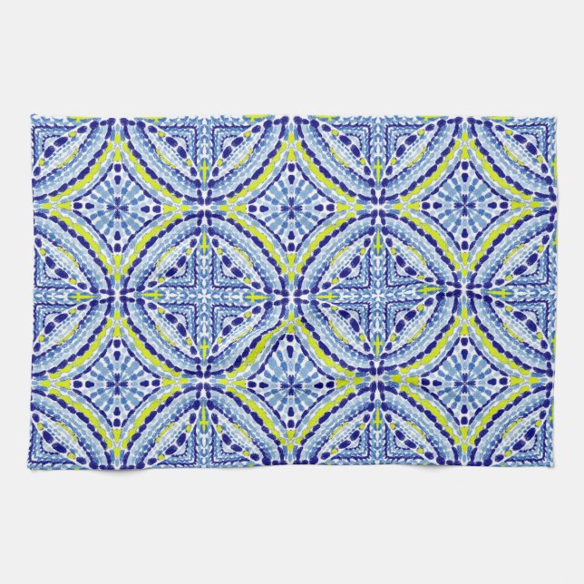 Linge De Cuisine Bleu Méditerranéen Peint à la main en mosaïque (Horizontal)