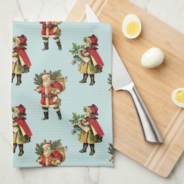 Linge De Cuisine Bleu mignon de fille du père noël de Noël vintage (Quart Plié)