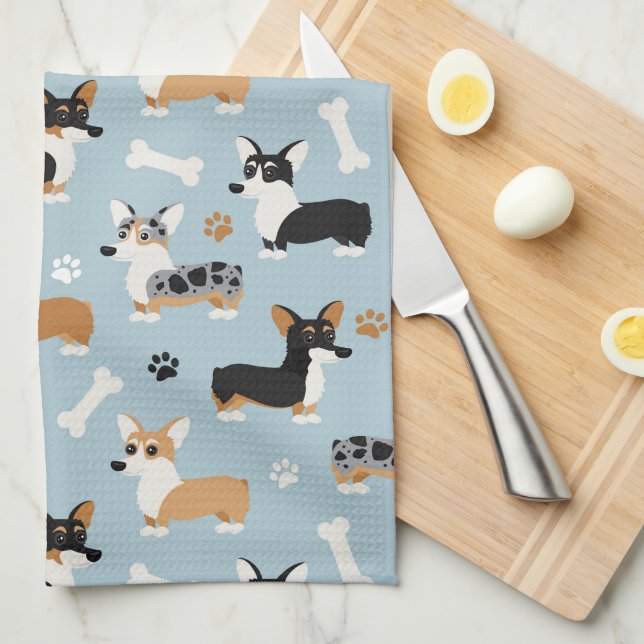 Linge De Cuisine Bleu Motif de Corgi (Quart Plié)