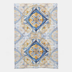 Linge De Cuisine Bleu or et blanc Talavera Azulejo Carrelage Look