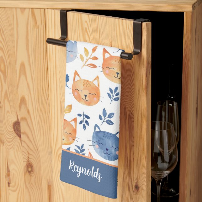 Linge De Cuisine Bleu Orange Joyeux Chat Visages (Pliage en tiers)