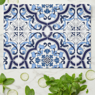Linge De Cuisine  Bleu Orné Floral Méditerranéen Carrelage Sicilien