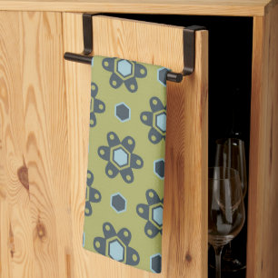 Linge De Cuisine Bleu rétro et marguerites noires sur motif floral 