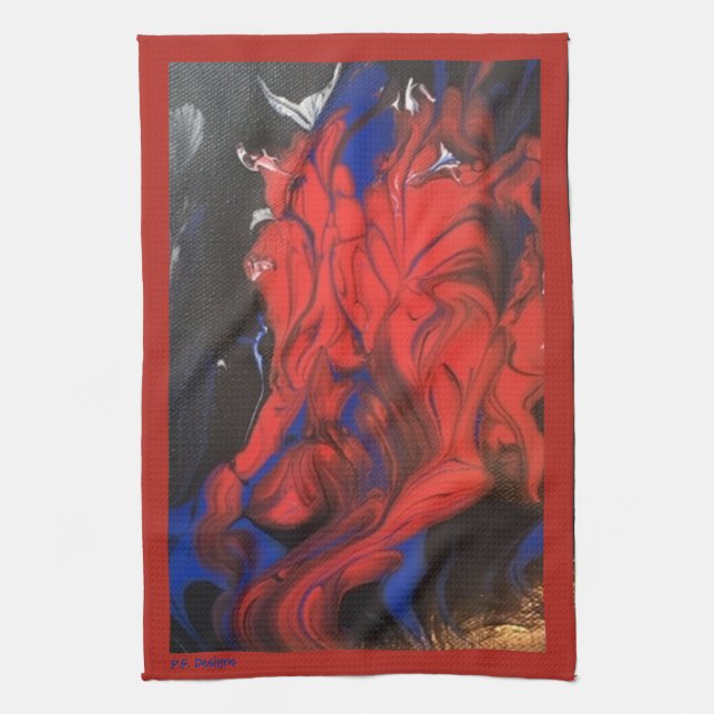 Linge De Cuisine Bleu rouge noir blanc acrylique Abstraite (Vertical)