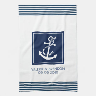 Linge De Cuisine Bleu Trappe Avec Ancre Bleue Nautique Blanc