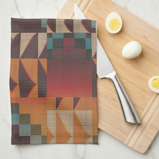 Linge De Cuisine Bleu turquoise Beige Rouge foncé Art Tribal Brown  (Quart Plié)