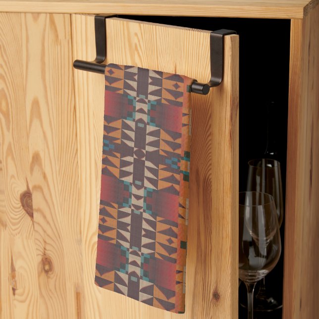 Linge De Cuisine Bleu turquoise Beige Rouge foncé Art Tribal Brown  (Pliage en tiers)