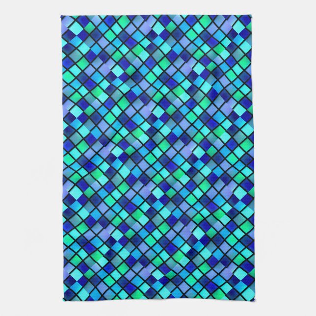 Linge De Cuisine Bleu Turquoise Vert Violet Vitrail Art (Vertical)