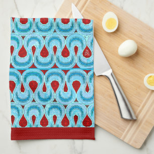 Linge De Cuisine Bleu Zigzag et Ruban Rouge Bonbon - Bordure rouge