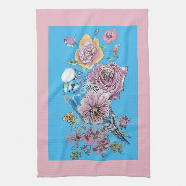 Linge De Cuisine Blue Budgie Cute Whimsical Rose Bleu floral (Vertical)
