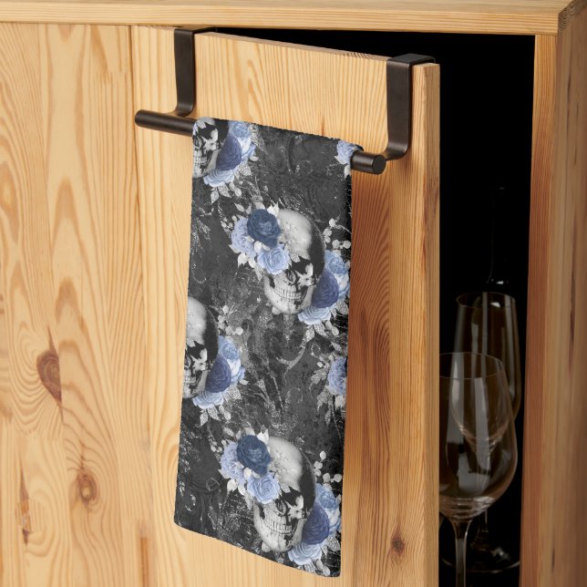 Linge De Cuisine Blue Floral Skull Series Design 1 (Pliage en tiers)