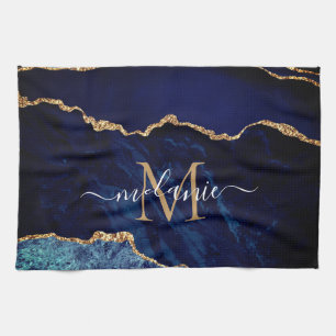 Linge De Cuisine Blue Gold Marble Lettre personnalisée Nom Serviett