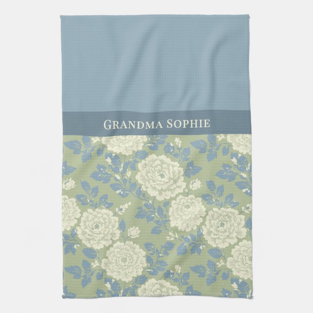 Linge De Cuisine Blue Green Floral Block Print (Vertical)