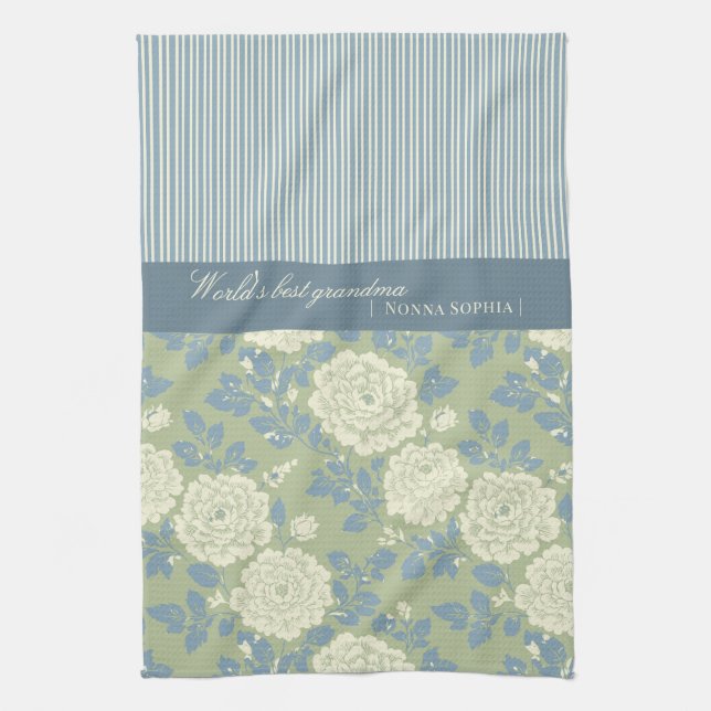 Linge De Cuisine Blue Green Floral Block Print w Blue Stripes (Vertical)