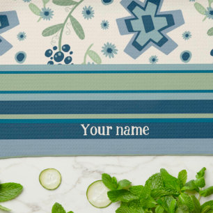 Linge De Cuisine Blue Green Floral Fun Chic Nom personnalisé