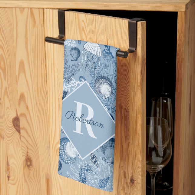 Linge De Cuisine Blue Ocean Sea Life Beach Monogramme (Pliage en tiers)