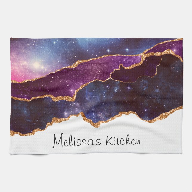 Linge De Cuisine Blue & Purple Space & Stars Agate moderne (Horizontal)