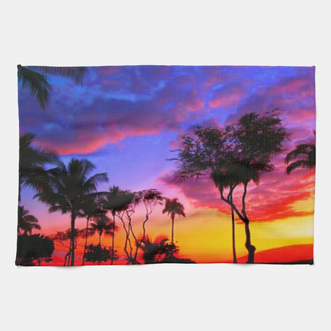 Linge De Cuisine Blue Red Sunset Exotic Hawaiian Beach Palm Trees (Horizontal)