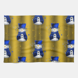 Linge De Cuisine Blue Snowman sur Gold Christmas