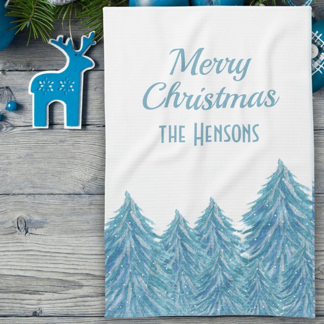 Linge De Cuisine Blue Winter Forest Tree Aquarelle Noël Kitc (Créateur téléchargé)