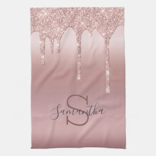 Linge De Cuisine Blush Rose Gold Monogram Pailleté Dégoulinant Rose