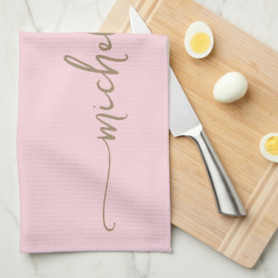 Linge De Cuisine Blush Rose Monogramme Prénom Calligraphie Dorée Sc