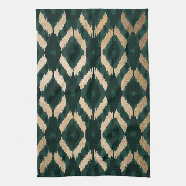 Linge De Cuisine Bohême Gold Forest Green Ikat Motif (Vertical)