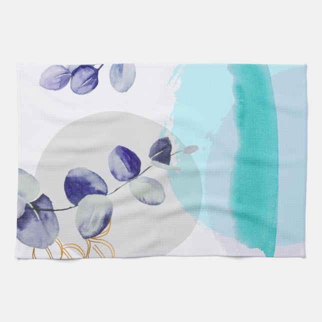 Linge De Cuisine Boho botanique cyan violet (Horizontal)