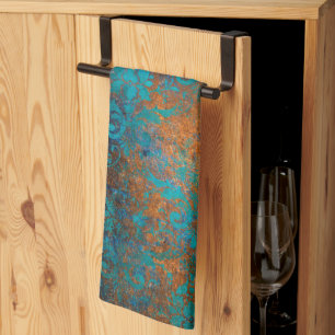 Linge De Cuisine Boho Cuivre bleu Floral Damask Grunge