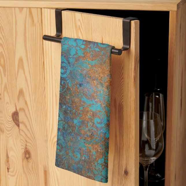 Linge De Cuisine Boho Cuivre bleu Floral Damask Grunge (Pliage en tiers)