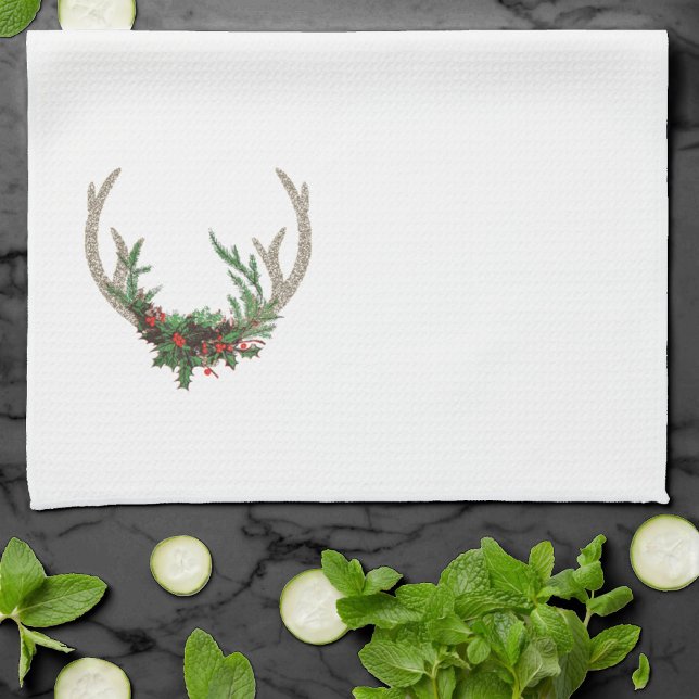 Linge De Cuisine Boho Deer Antlers | Floral de Noël rouge rustique (Créateur téléchargé)