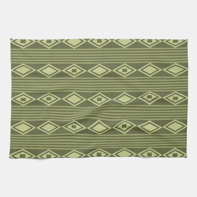 Linge De Cuisine Boho Diamonds Stripes Olive Green (Horizontal)