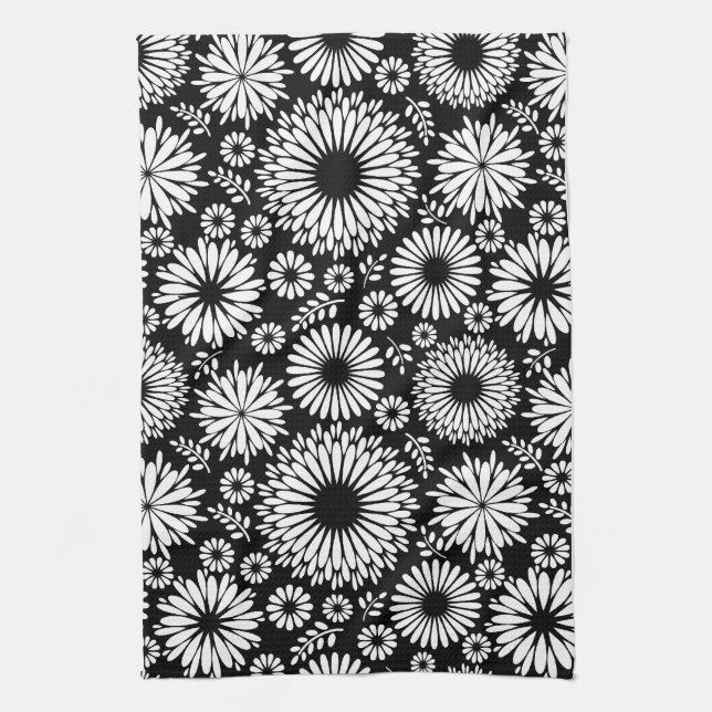 Linge De Cuisine Boho fleurs Motif floral vectoriel noir et blanc (Vertical)