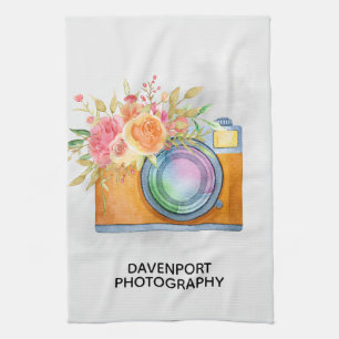 Linge De Cuisine Boho Orange Caméra & Bouquet Floral Aquarelle