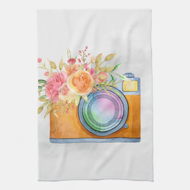Linge De Cuisine Boho Orange Caméra & Bouquet Floral Aquarelle (Vertical)