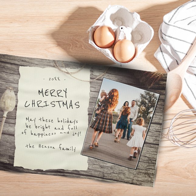 Linge De Cuisine Bois rustique Vieux papier Script de Noël Photo (Créateur téléchargé)